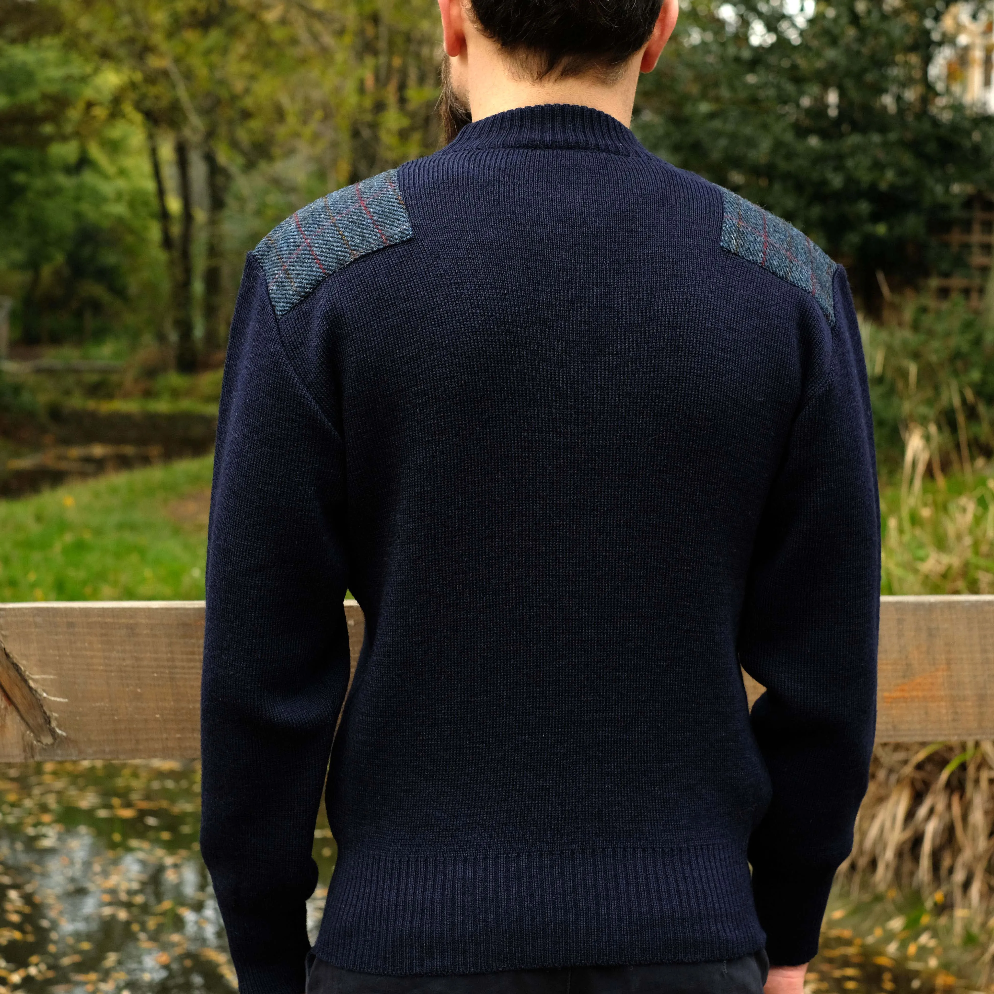 Military style jumper with Harris Tweed shoulder patches in navy