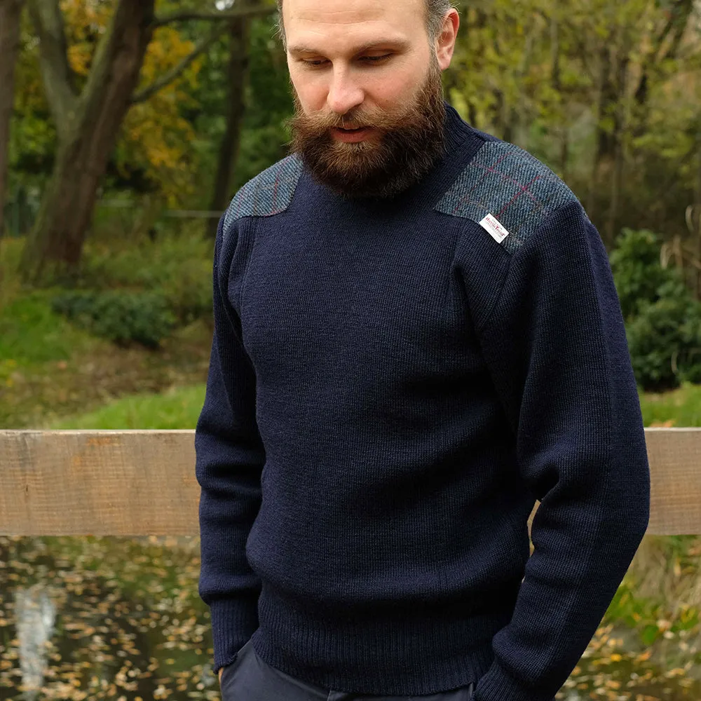 Military style jumper with Harris Tweed shoulder patches in navy