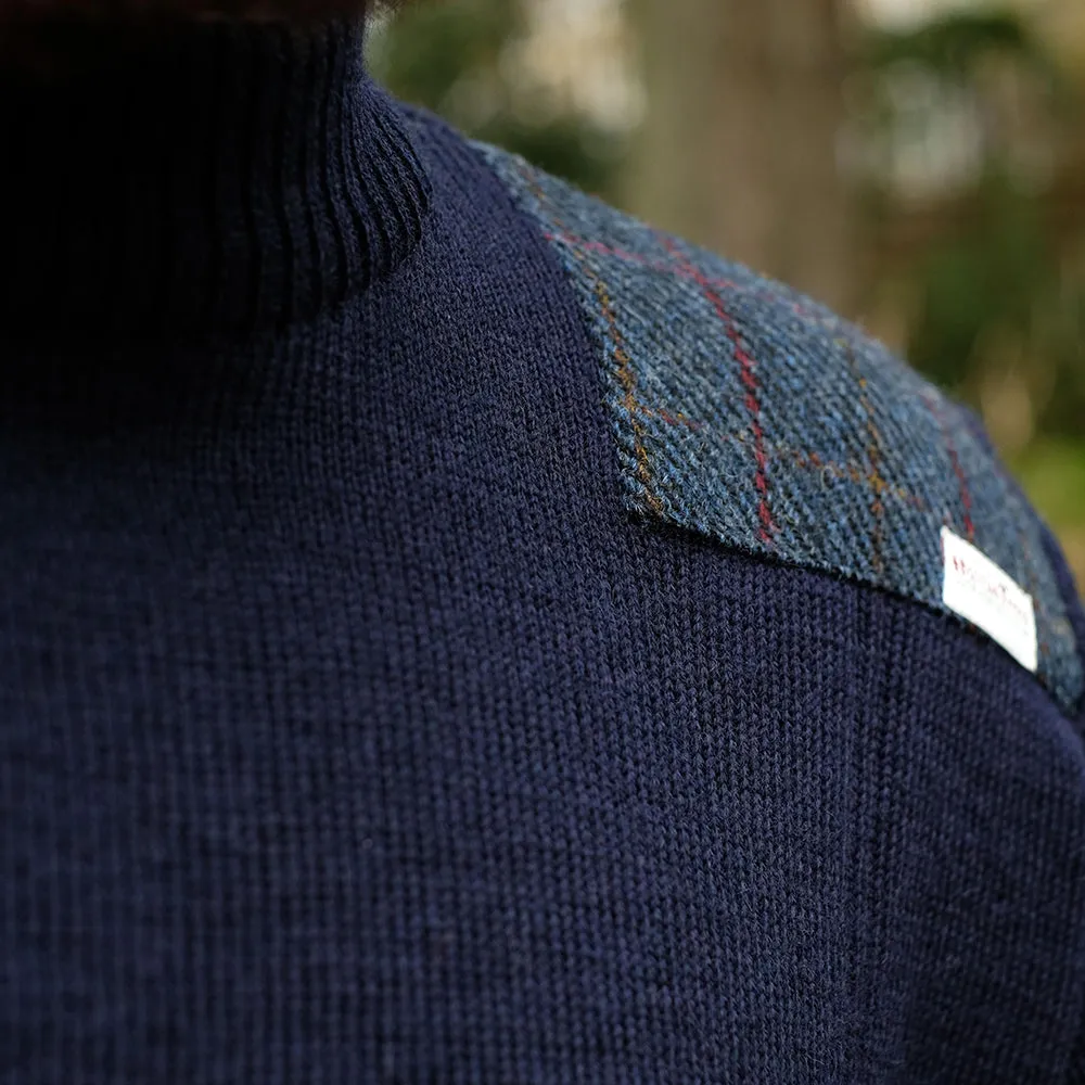 Military style jumper with Harris Tweed shoulder patches in navy