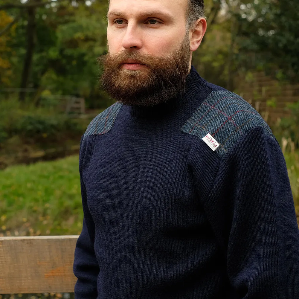 Military style jumper with Harris Tweed shoulder patches in navy