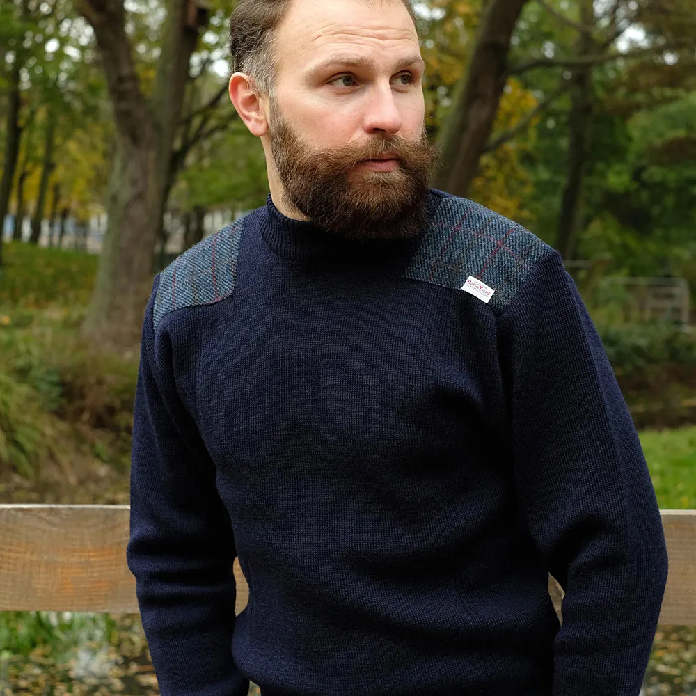 Military style jumper with Harris Tweed shoulder patches in navy