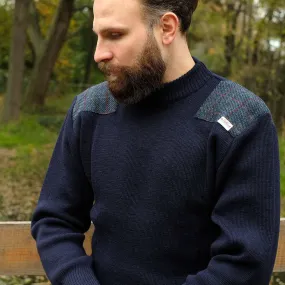 Military style jumper with Harris Tweed shoulder patches in navy