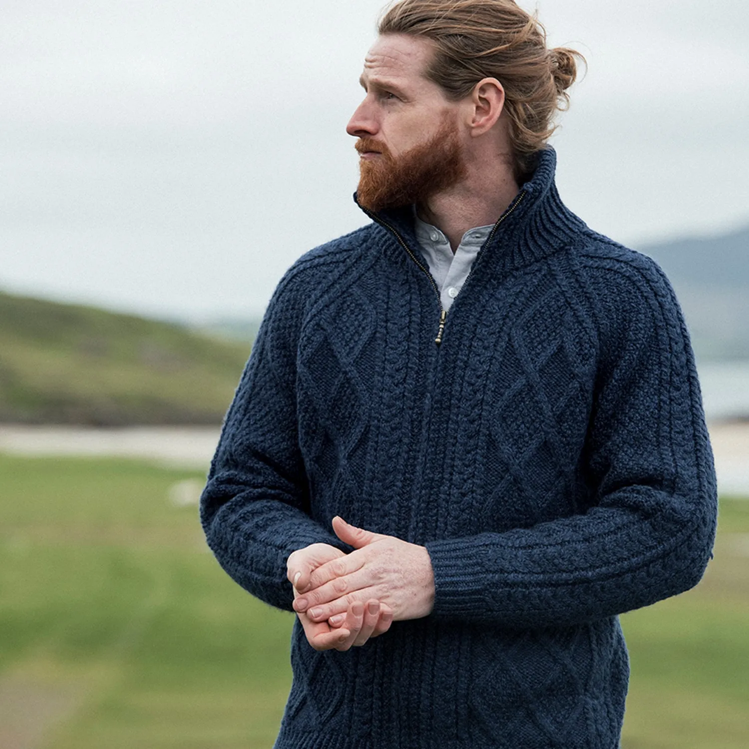 Navy Unisex Hand Knit Aran Zip Cardigan