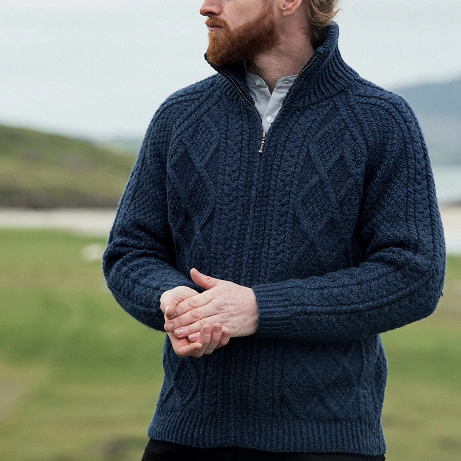 Navy Unisex Hand Knit Aran Zip Cardigan