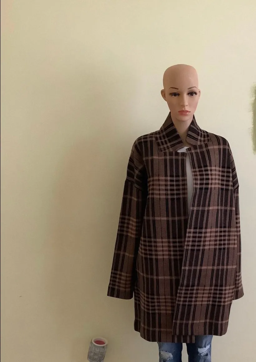 Notch Collar Plaid Cardigan Sweater Coat