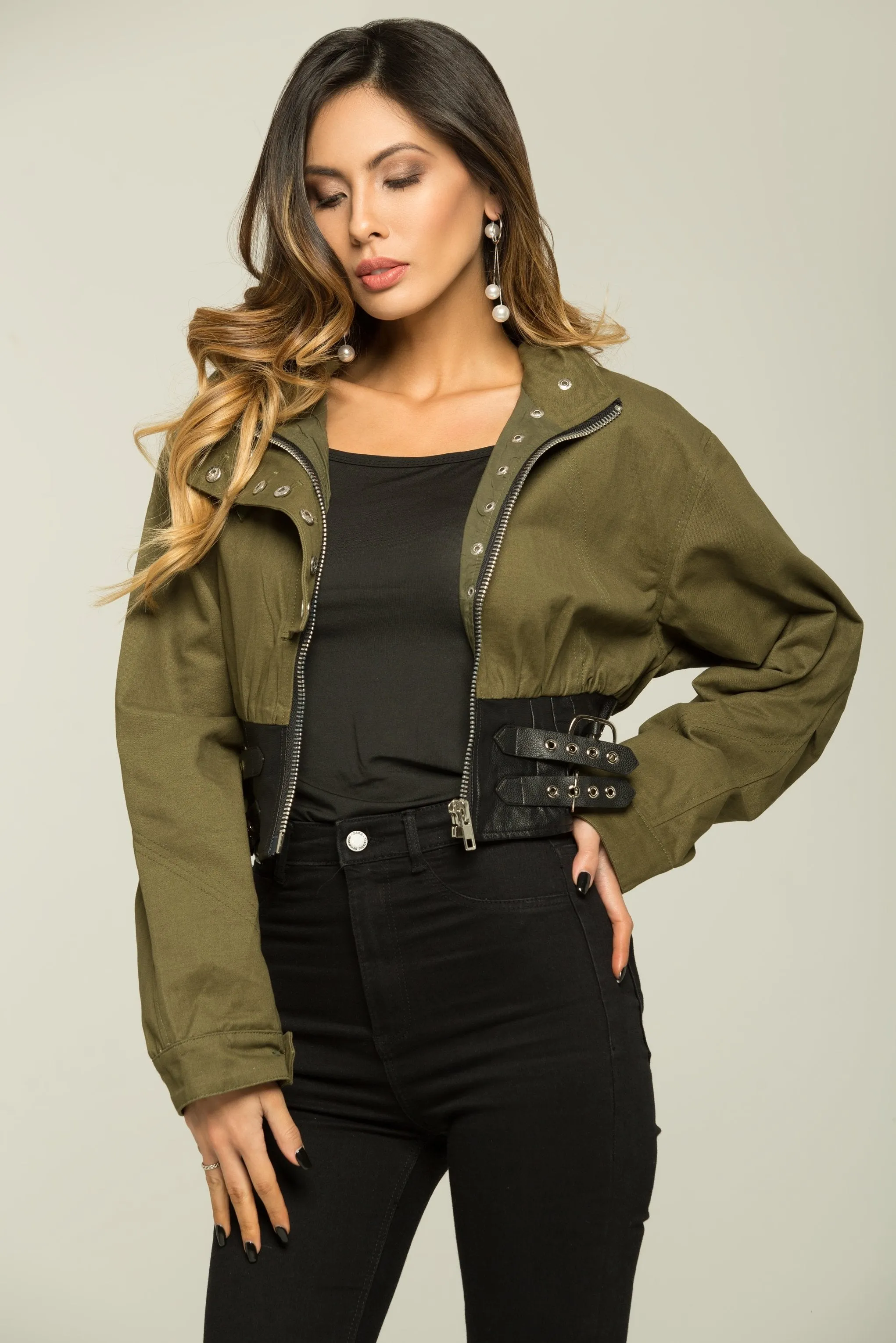 Olive Green and Black Full Sleeves Zip Up Jacket