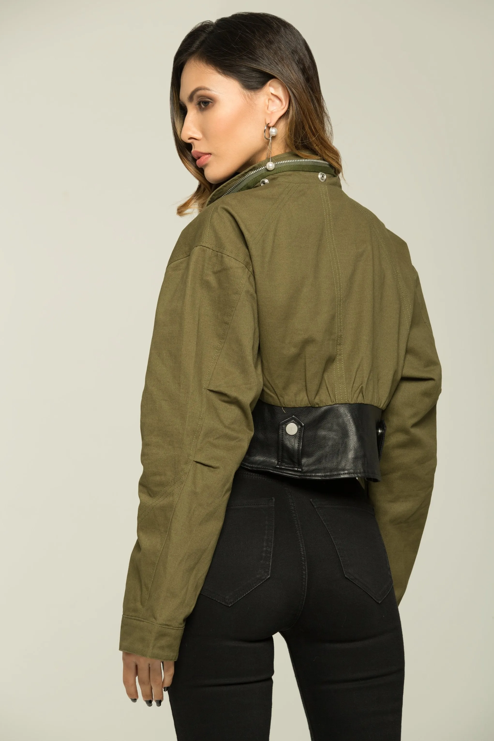 Olive Green and Black Full Sleeves Zip Up Jacket