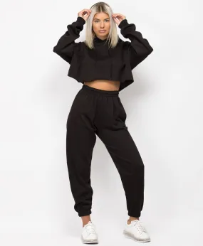 OVERSIZED CROPPED HOODIE & JOGGERS LOUNGEWEAR SET- BLACK