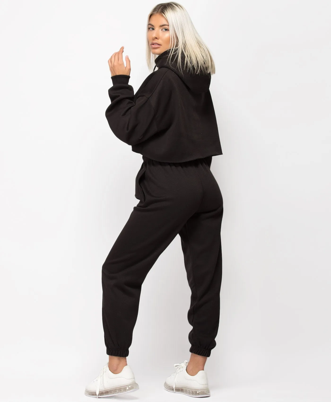 OVERSIZED CROPPED HOODIE & JOGGERS LOUNGEWEAR SET- BLACK