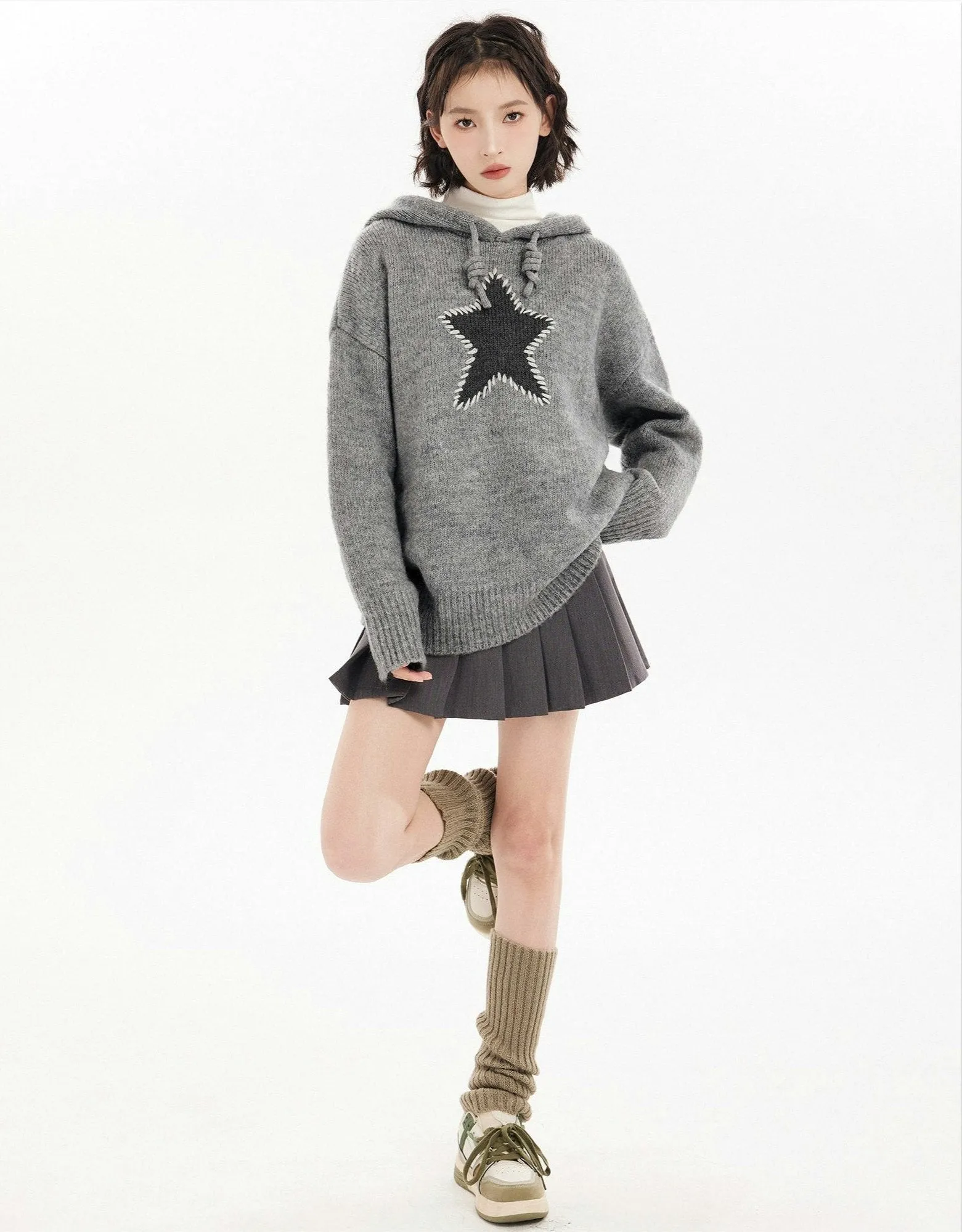 Oversized Star Patchwork Knit Hoodie Sweater