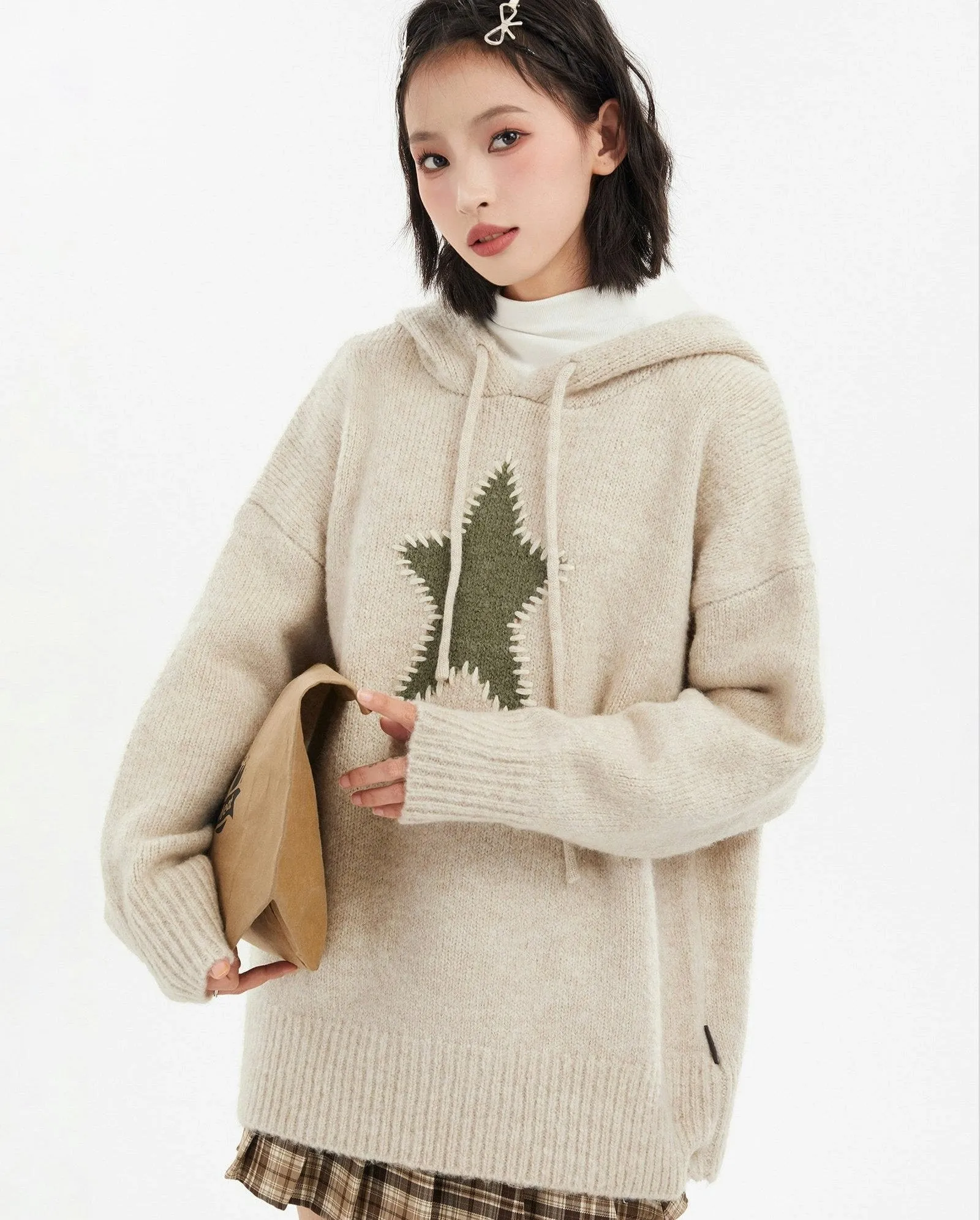 Oversized Star Patchwork Knit Hoodie Sweater