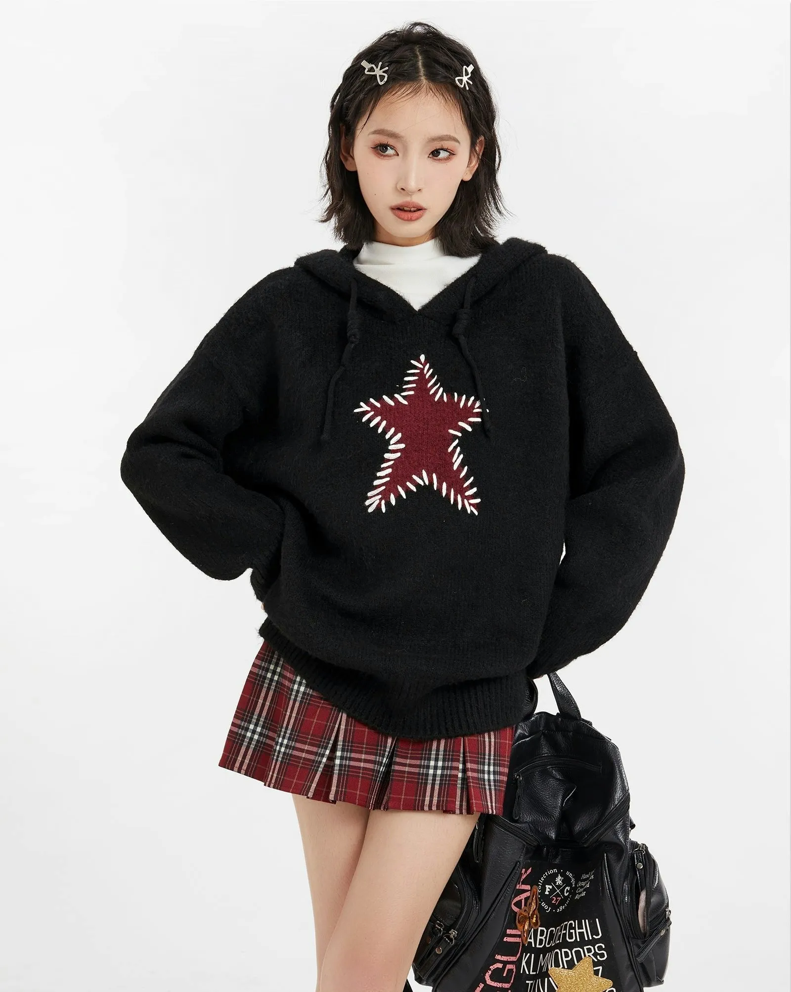 Oversized Star Patchwork Knit Hoodie Sweater