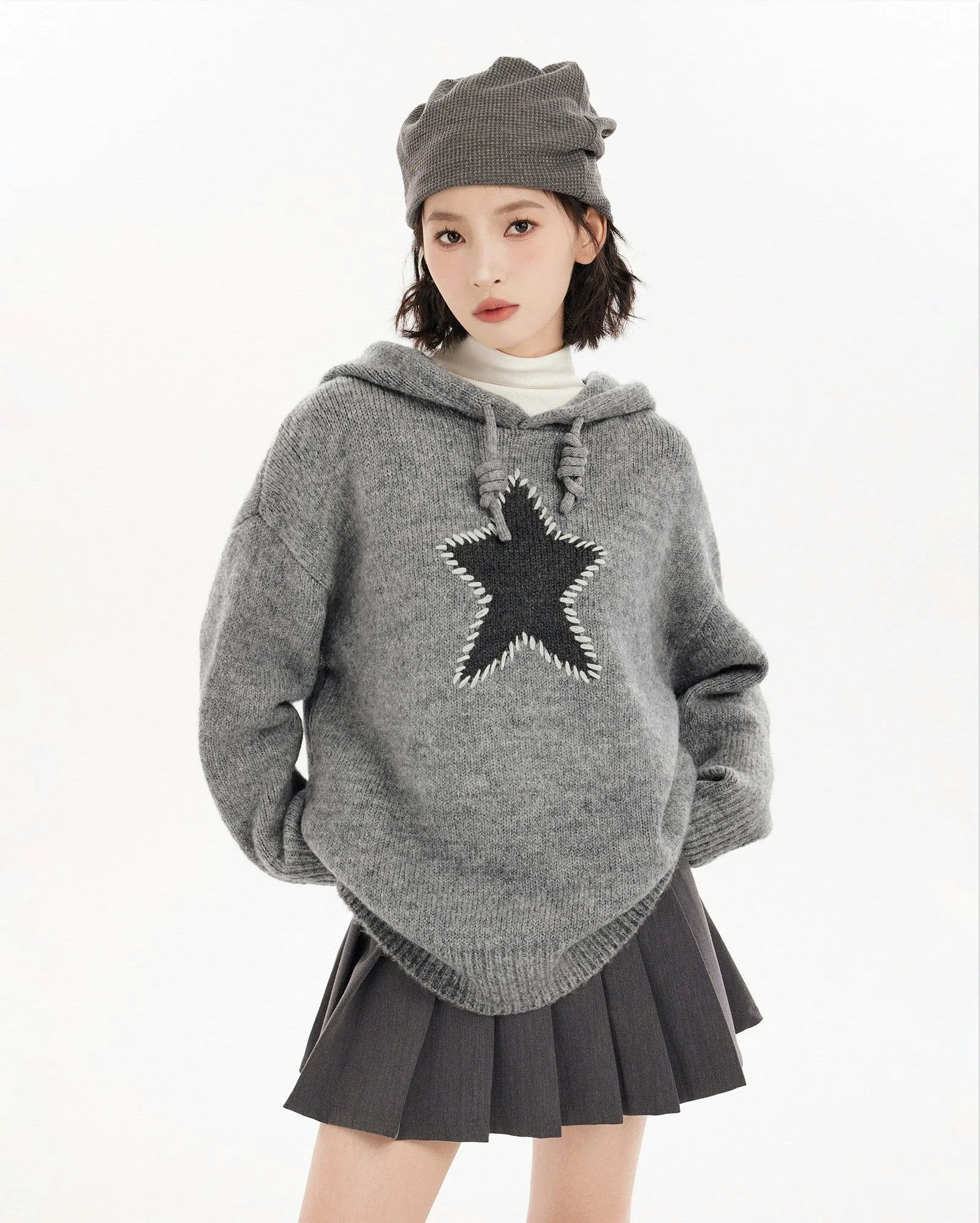 Oversized Star Patchwork Knit Hoodie Sweater