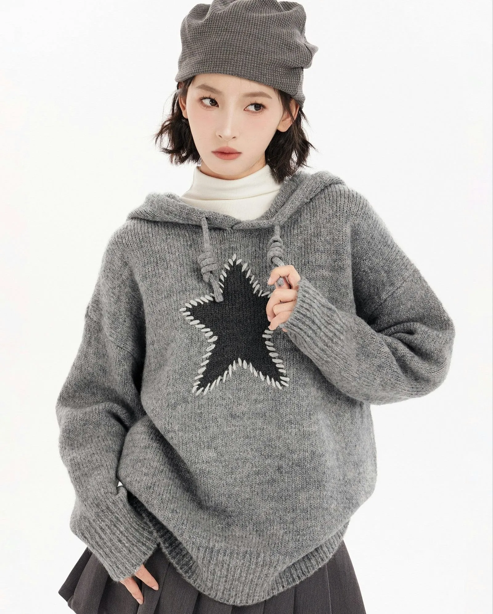 Oversized Star Patchwork Knit Hoodie Sweater