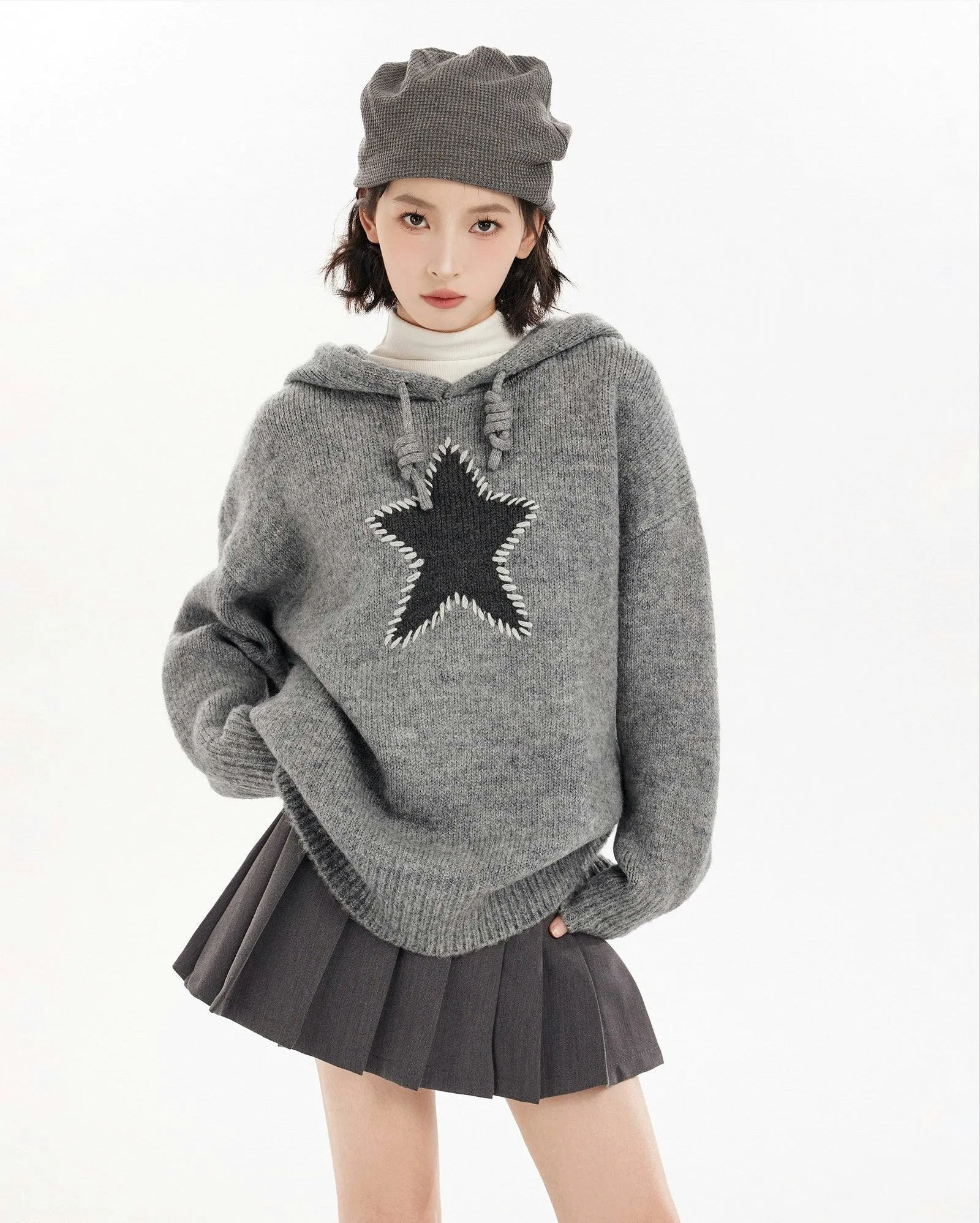 Oversized Star Patchwork Knit Hoodie Sweater