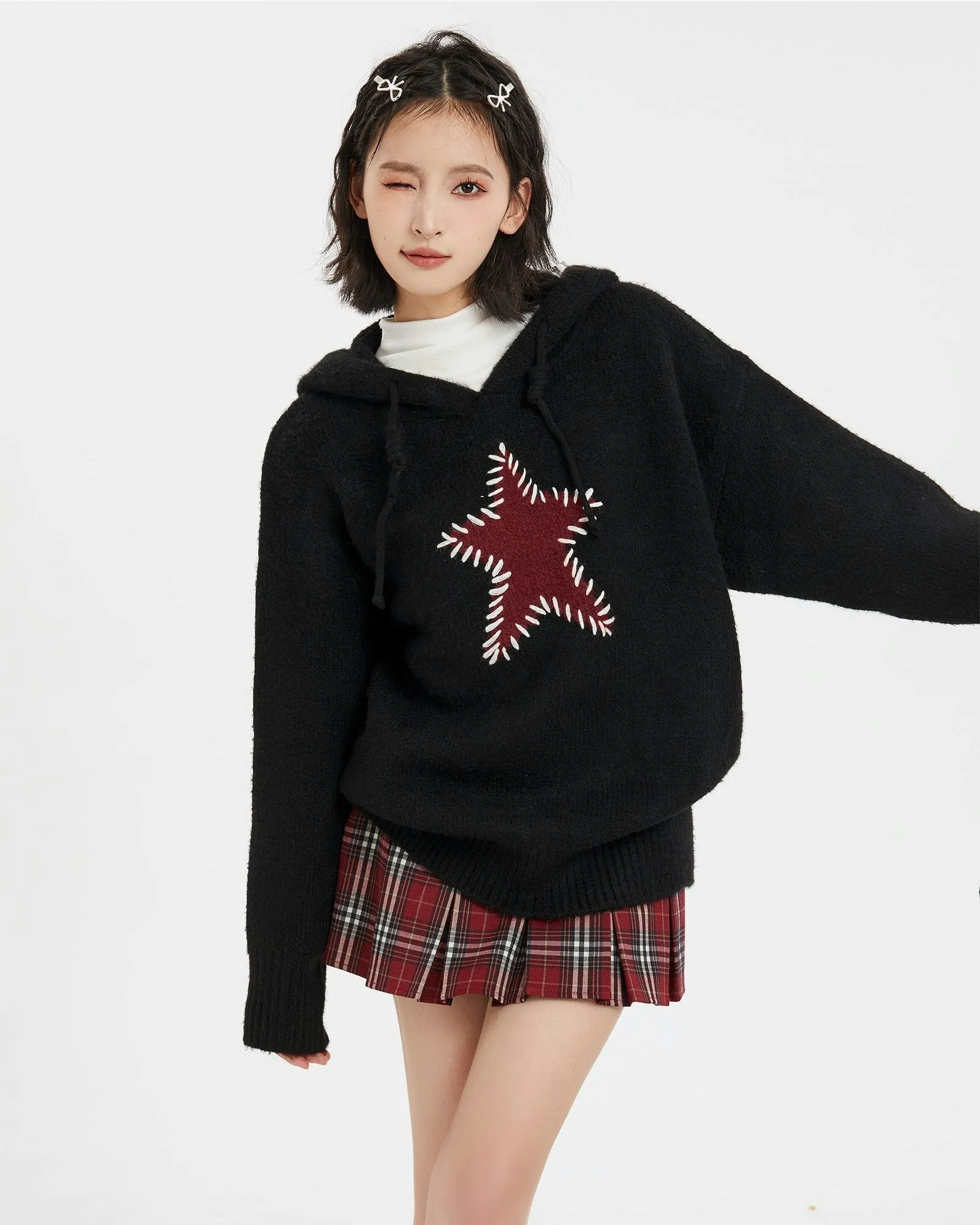 Oversized Star Patchwork Knit Hoodie Sweater