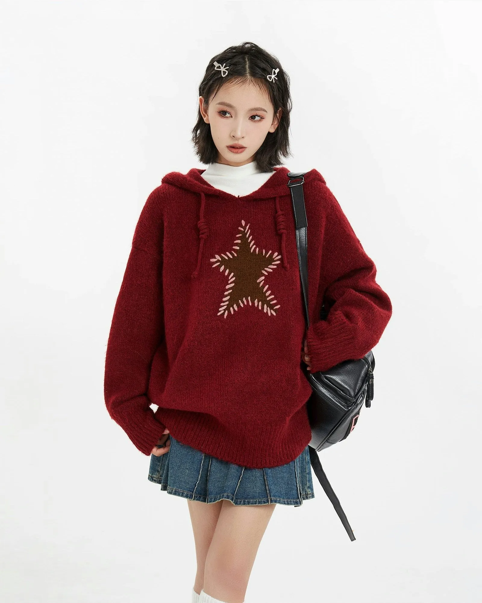 Oversized Star Patchwork Knit Hoodie Sweater