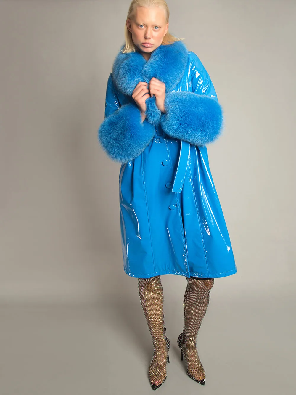 Patent Leather Coat w/ Fox Fur In Blue