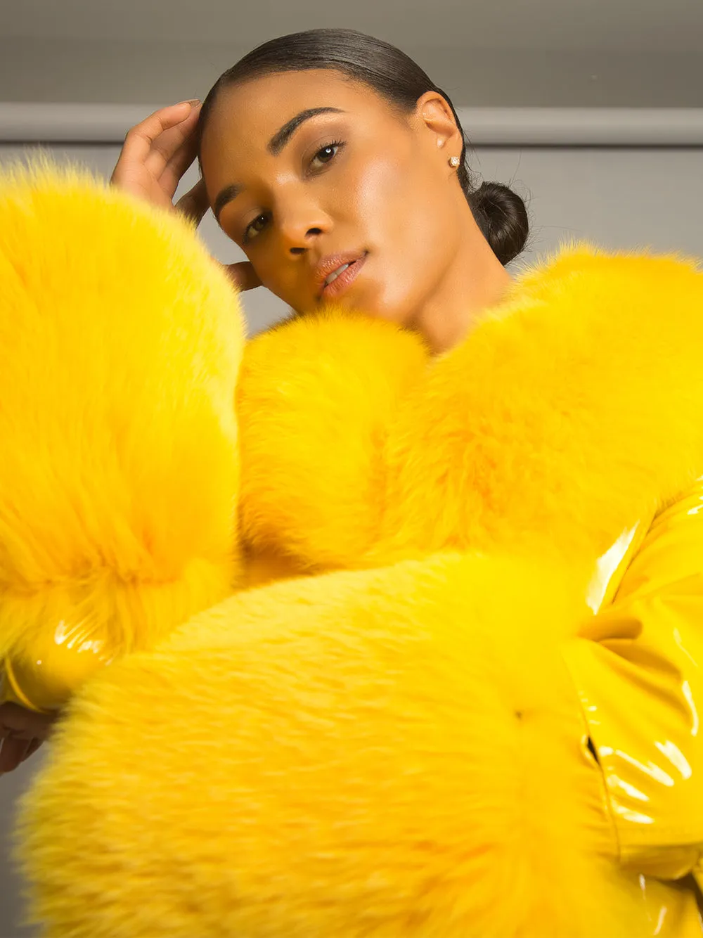 Patent Leather Coat w/ Fox Fur In Yellow