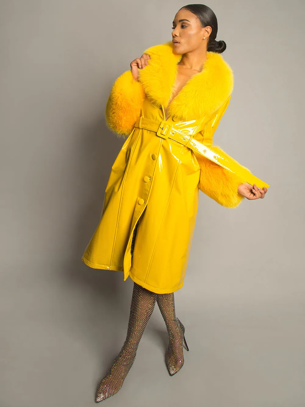 Patent Leather Coat w/ Fox Fur In Yellow