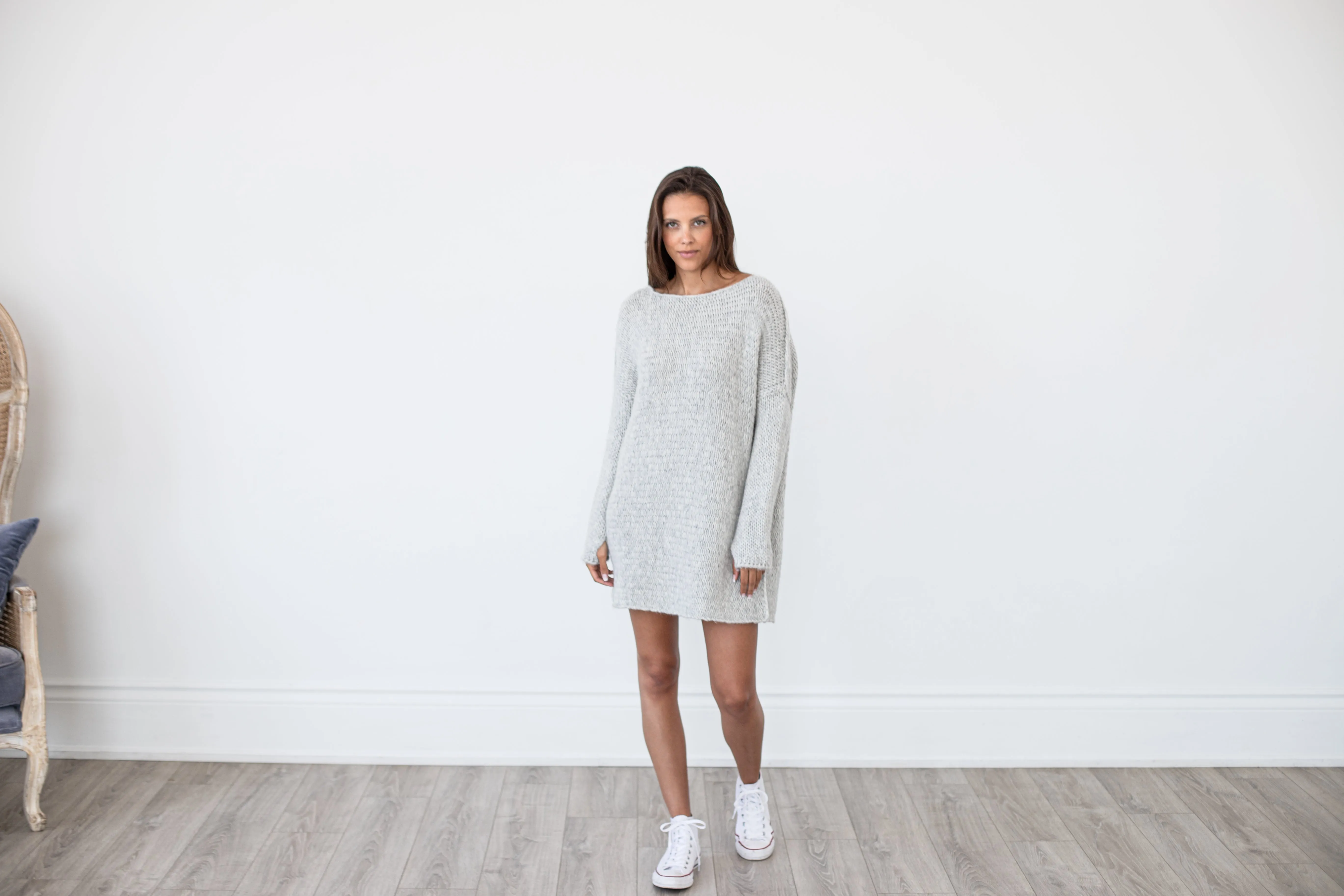 Pearl grey chunky knit alpaca sweater .