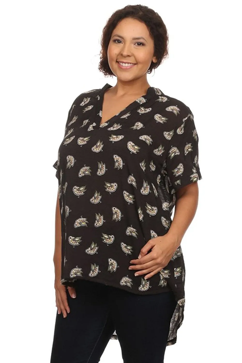 Plus Size Fashion Bird Design Short Sleeve Hi-Lo Top