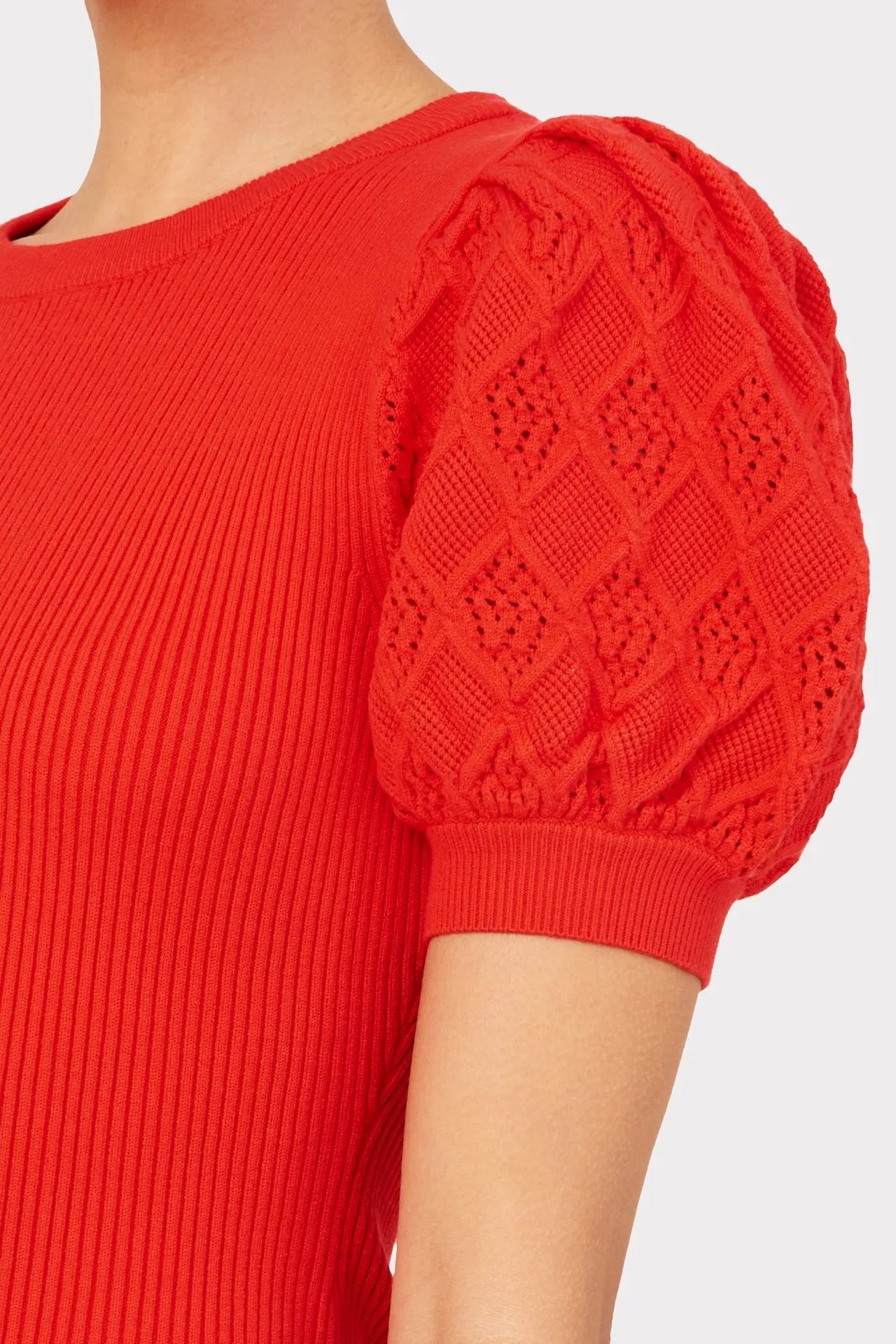 Pointelle Poof Sleeve Ribbed Top