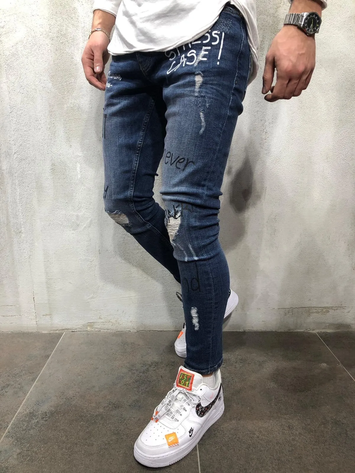 Sneakerjeans Blue Printed Ripped Skinny Jeans A260