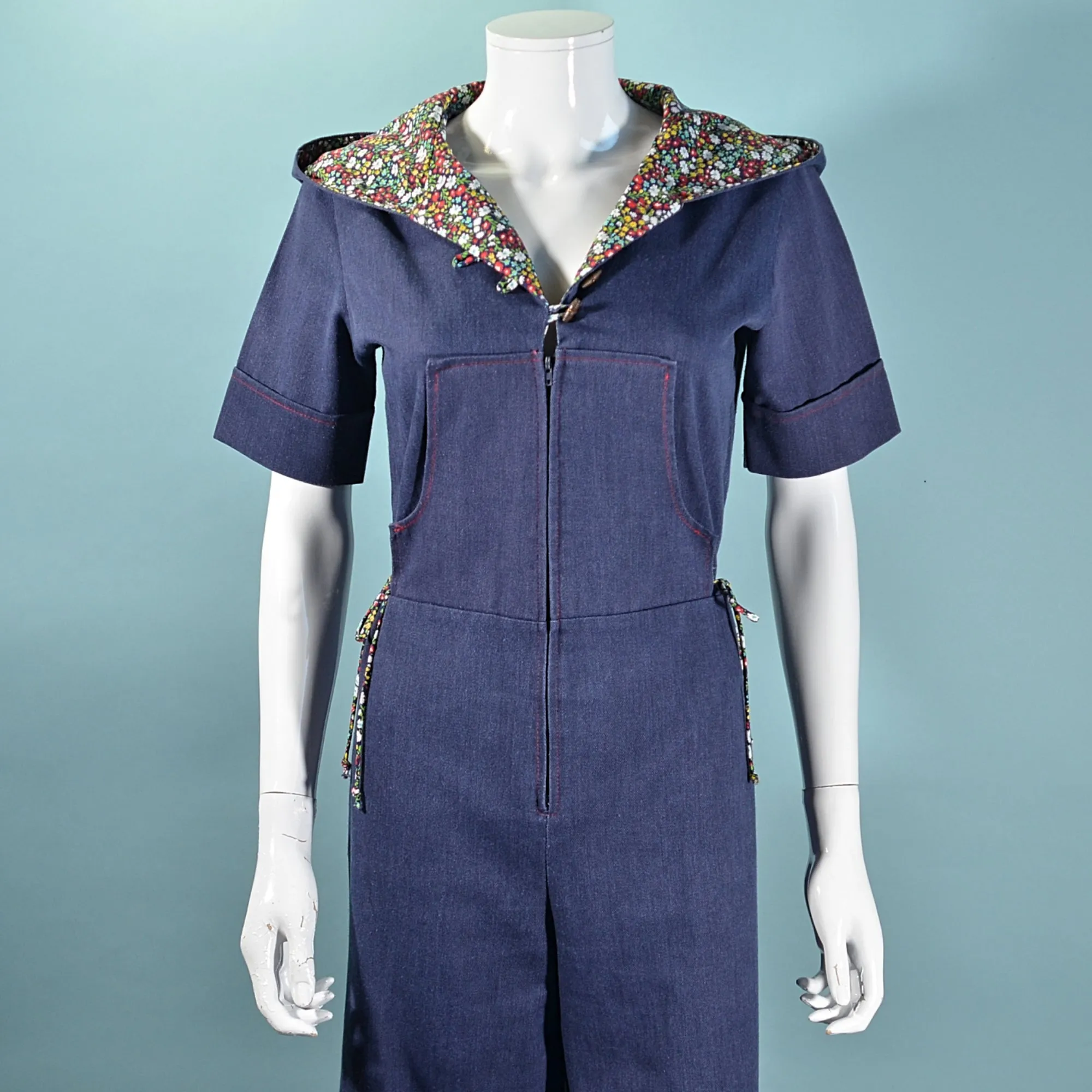 SOLD Vintage 60s/70s Hooded Denim Jumpsuit, Bell Bottoms   Calico Print S