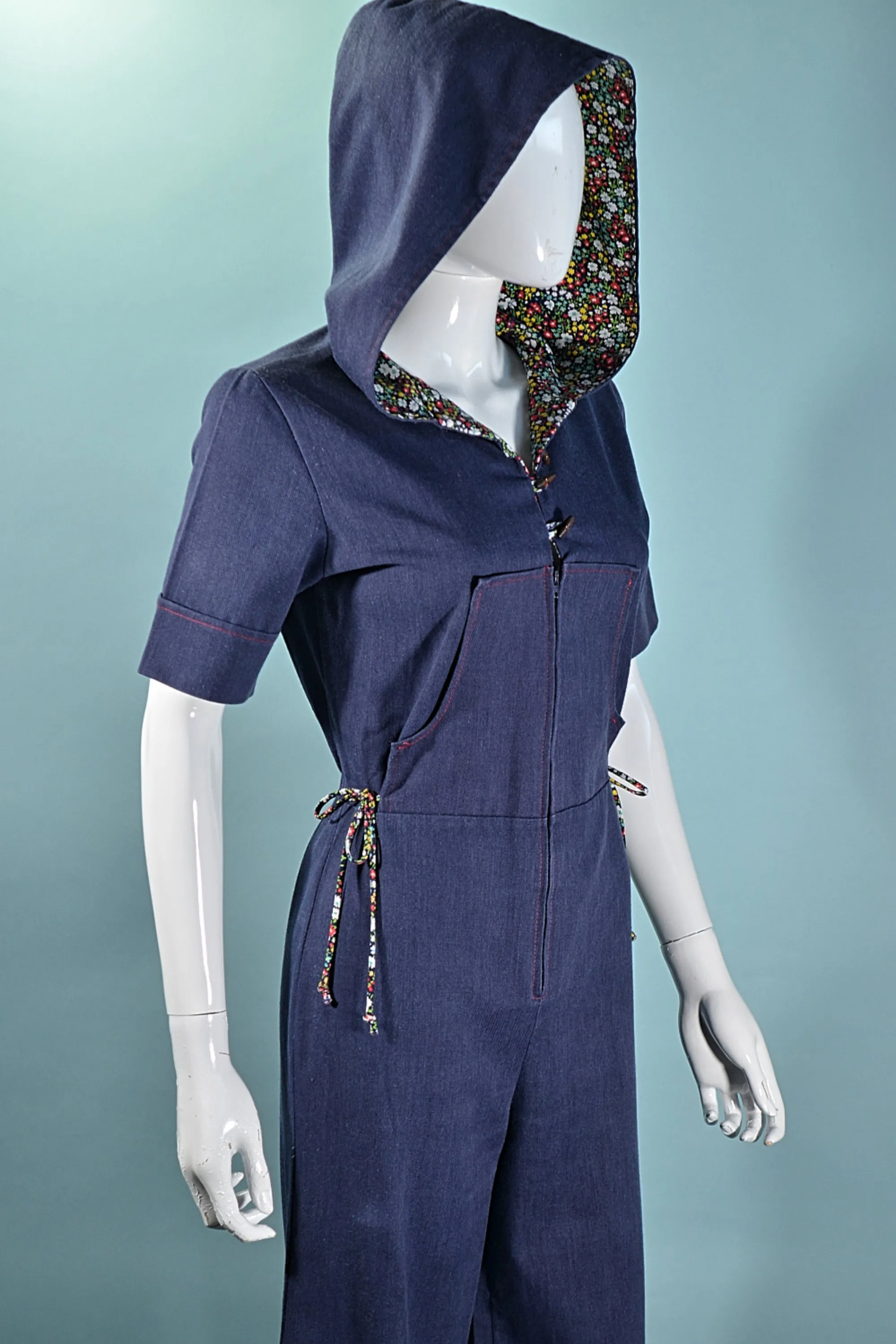 SOLD Vintage 60s/70s Hooded Denim Jumpsuit, Bell Bottoms   Calico Print S