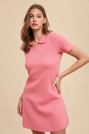 Spring Pink Short Sleeve Sweater Polo Dress