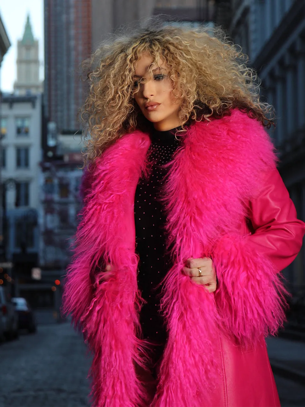 TAJE Shearling Trim Leather Coat in Fuchsia