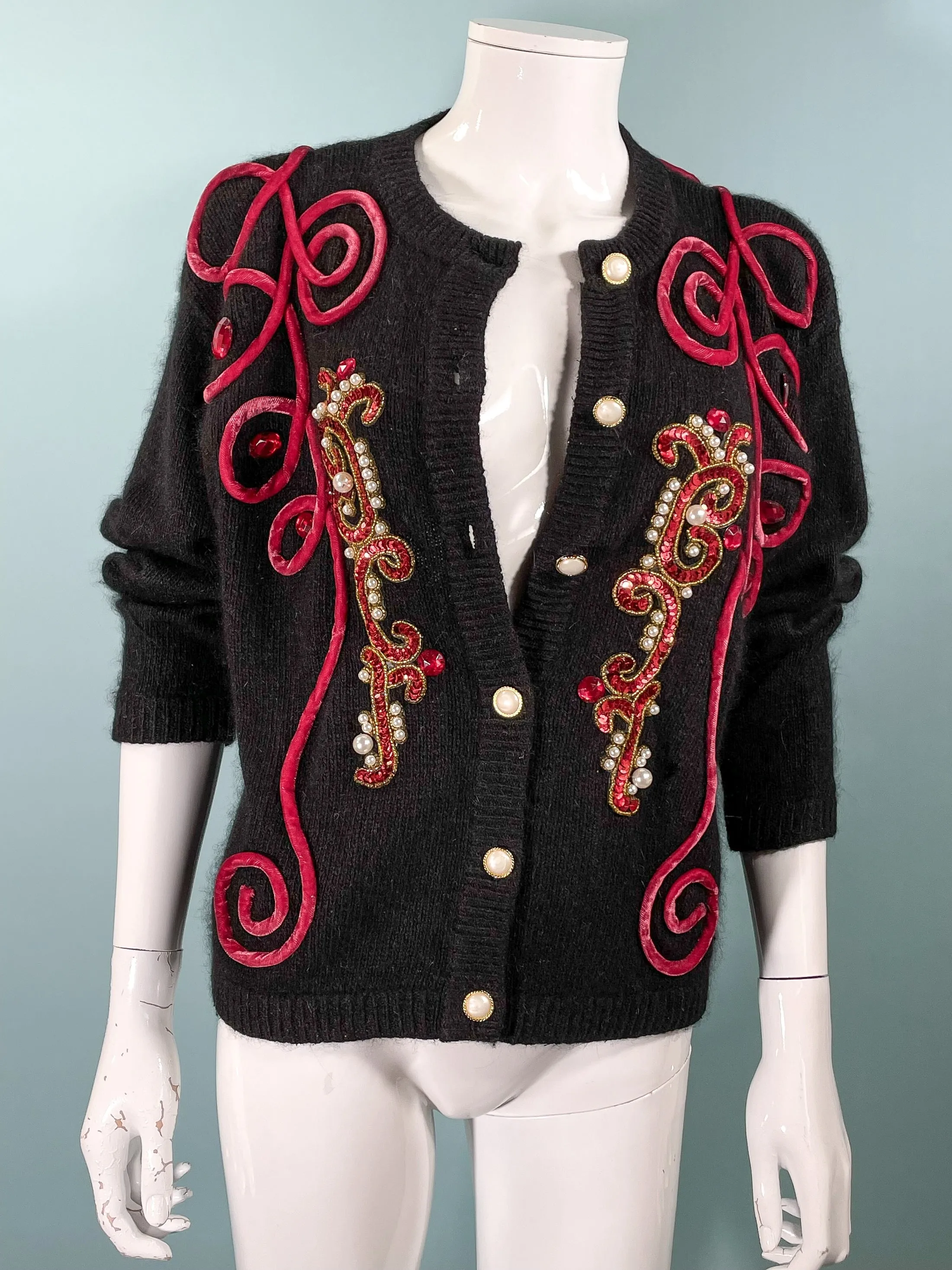 Tony Lambert Bejeweled Velvet Trim Cardigan Sweater, Black Angora/Wool/Silk Sweater S/M