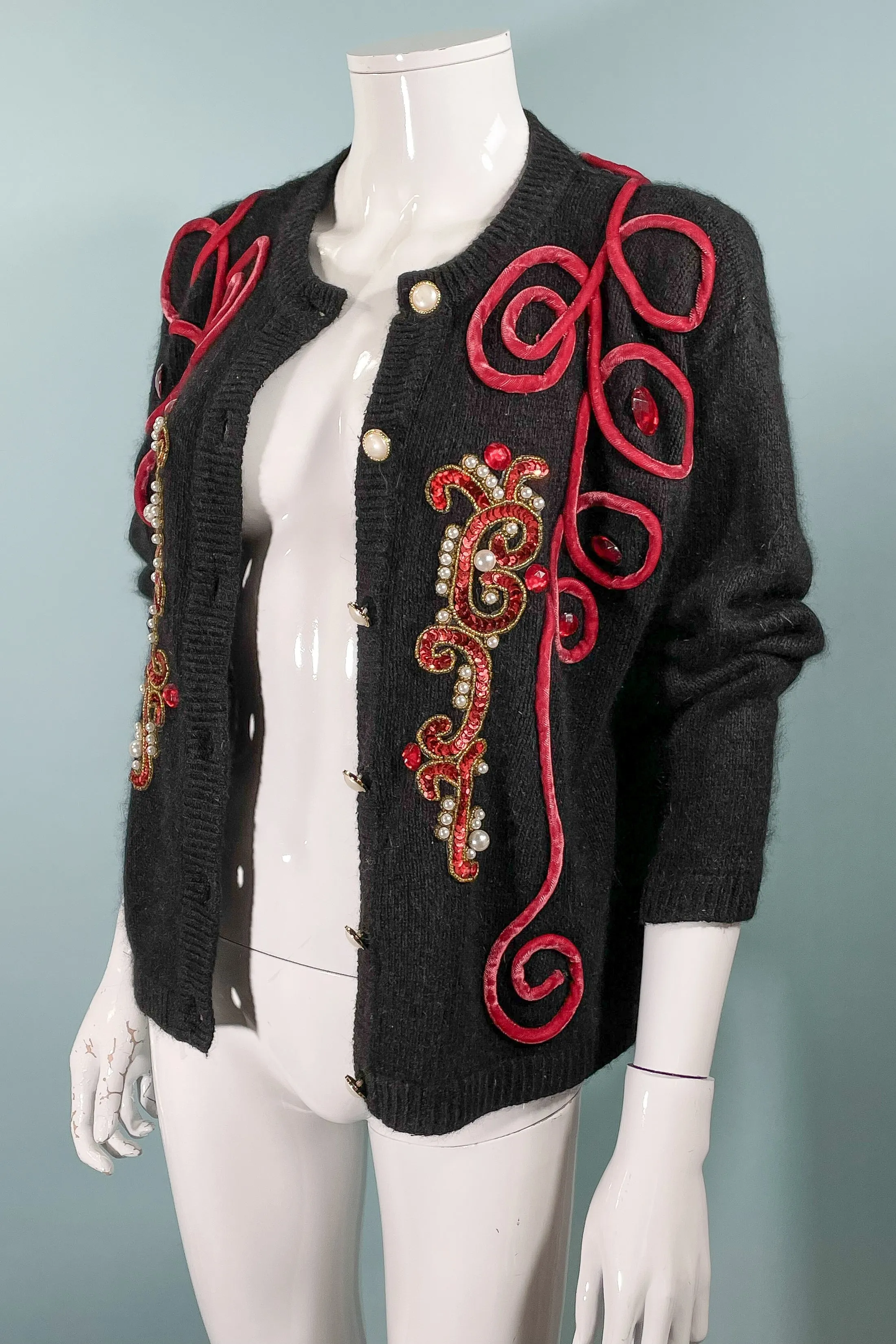 Tony Lambert Bejeweled Velvet Trim Cardigan Sweater, Black Angora/Wool/Silk Sweater S/M