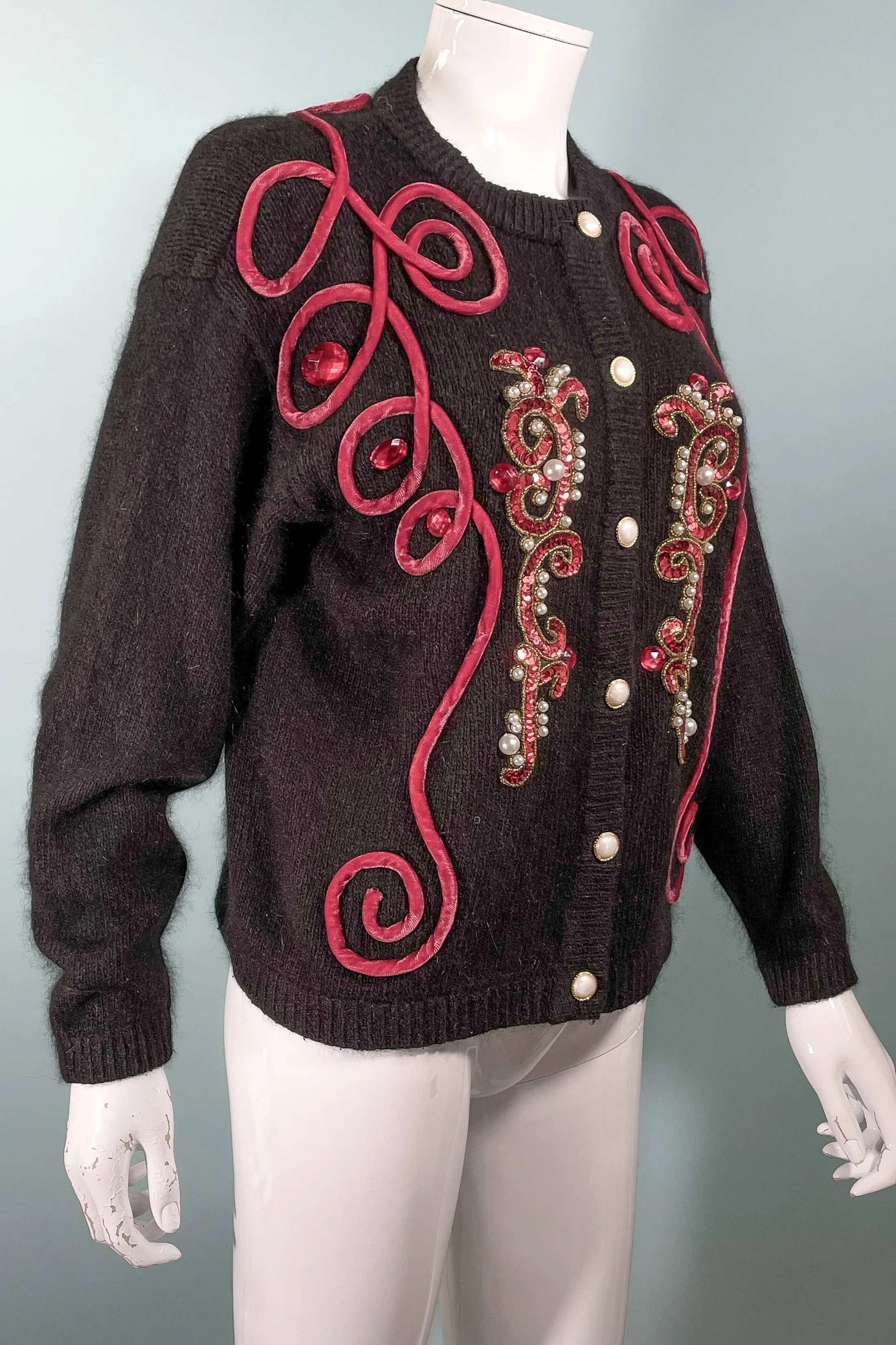 Tony Lambert Bejeweled Velvet Trim Cardigan Sweater, Black Angora/Wool/Silk Sweater S/M