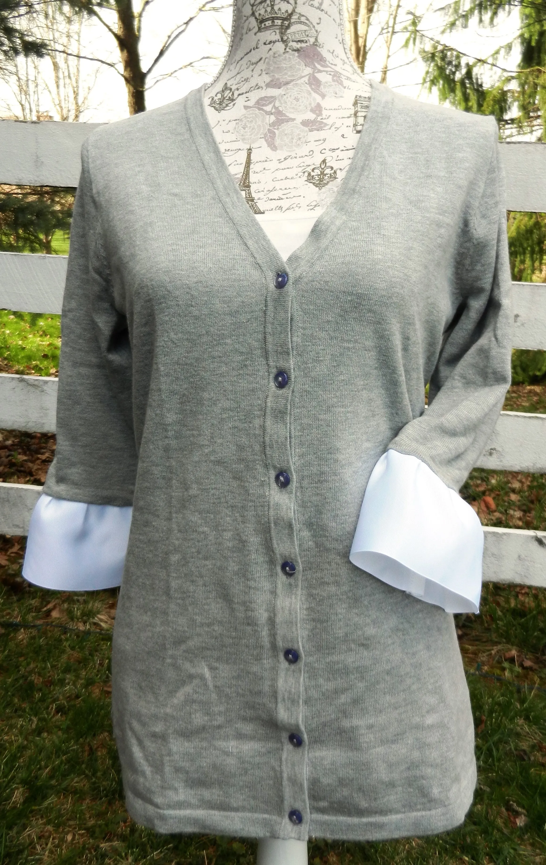 Wednesday Cardigan Grey w White Grosgrain 3/4 Sleeve - (WC Grey White)