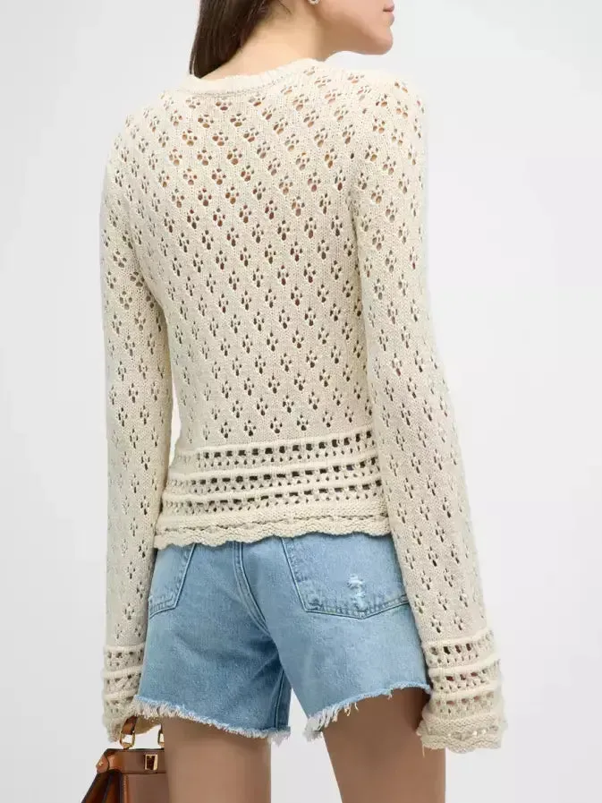 Women’s Bell-Sleeve Crochet Knit Ecru Sweater