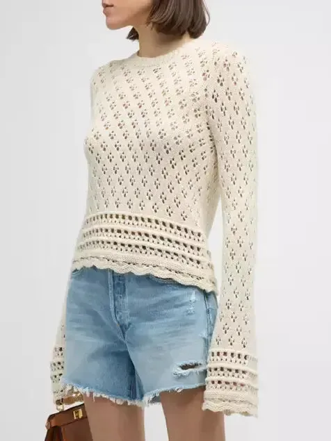 Women’s Bell-Sleeve Crochet Knit Ecru Sweater