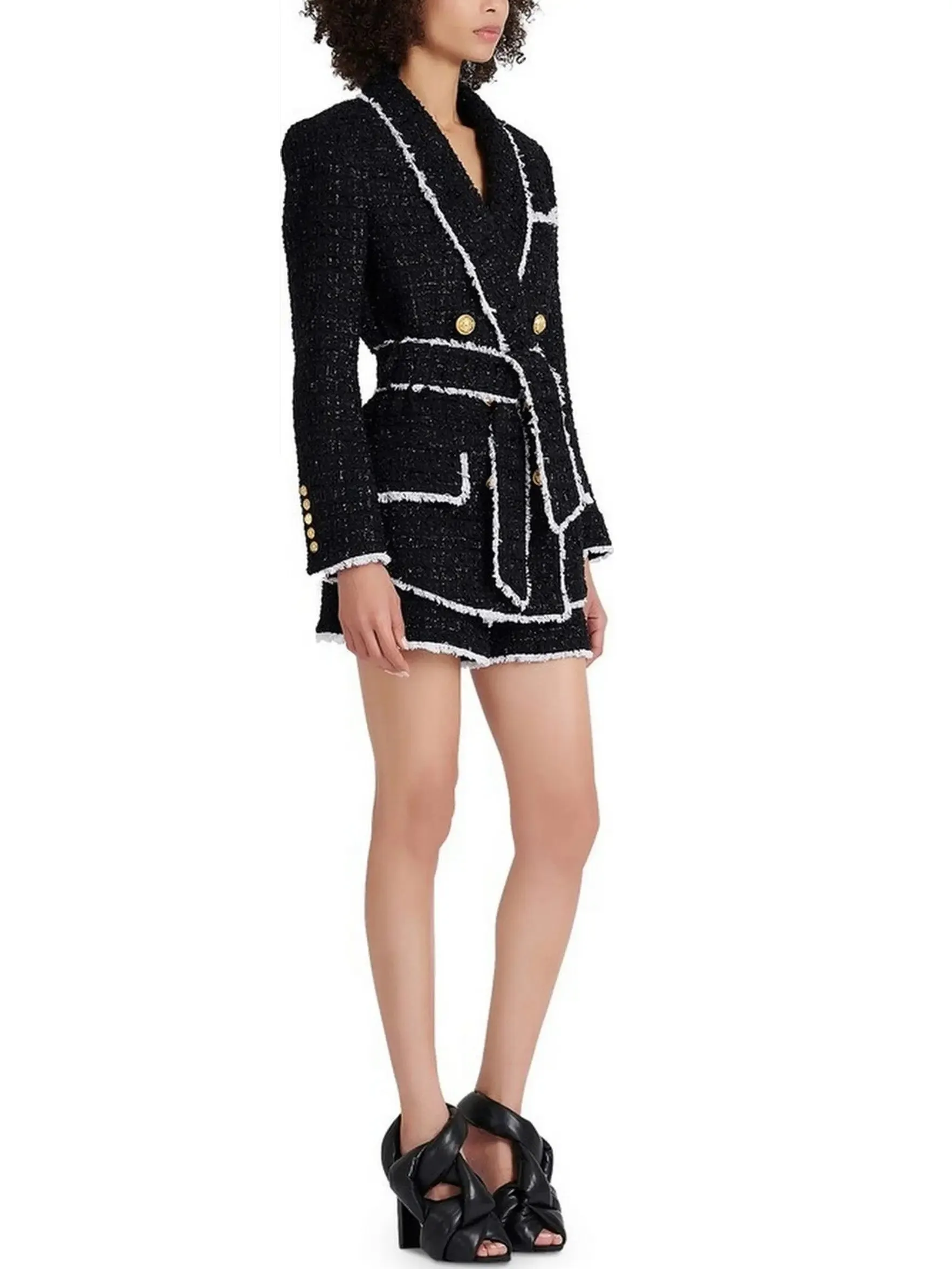 Women’s Belted Black with White-Trim Double-Breasted Tweed Jacket and Short Set