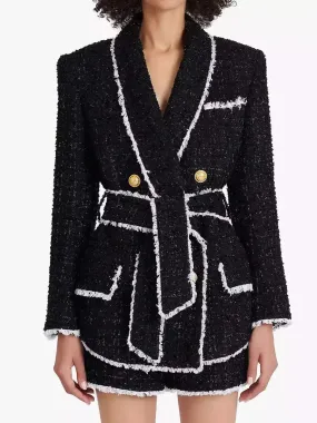 Women’s Belted Black with White-Trim Double-Breasted Tweed Jacket and Short Set