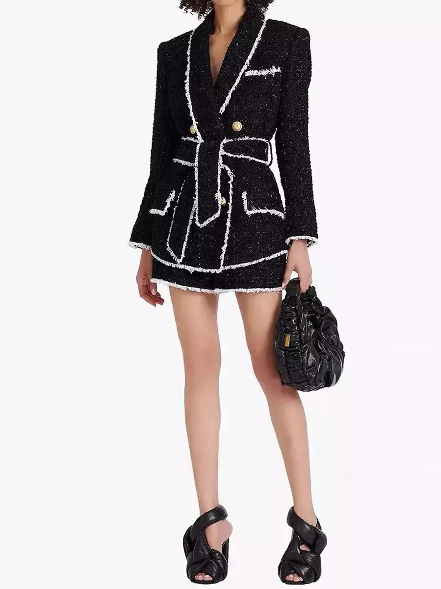 Women’s Belted Black with White-Trim Double-Breasted Tweed Jacket and Short Set