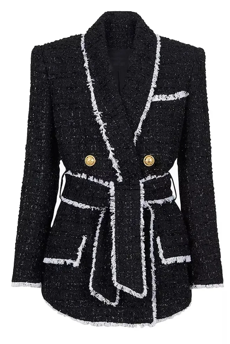 Women’s Belted Black with White-Trim Double-Breasted Tweed Jacket and Short Set