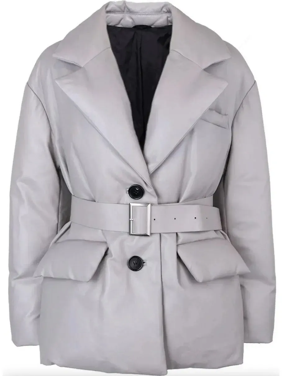 Women’s Belted Single-Breasted Padded Leather Jacket in Grey, Black or Beige