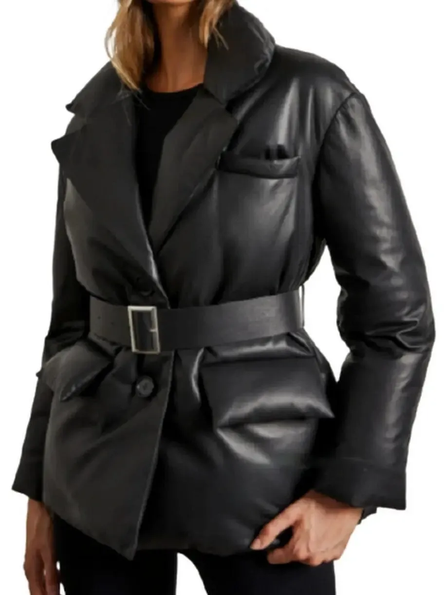 Women’s Belted Single-Breasted Padded Leather Jacket in Grey, Black or Beige