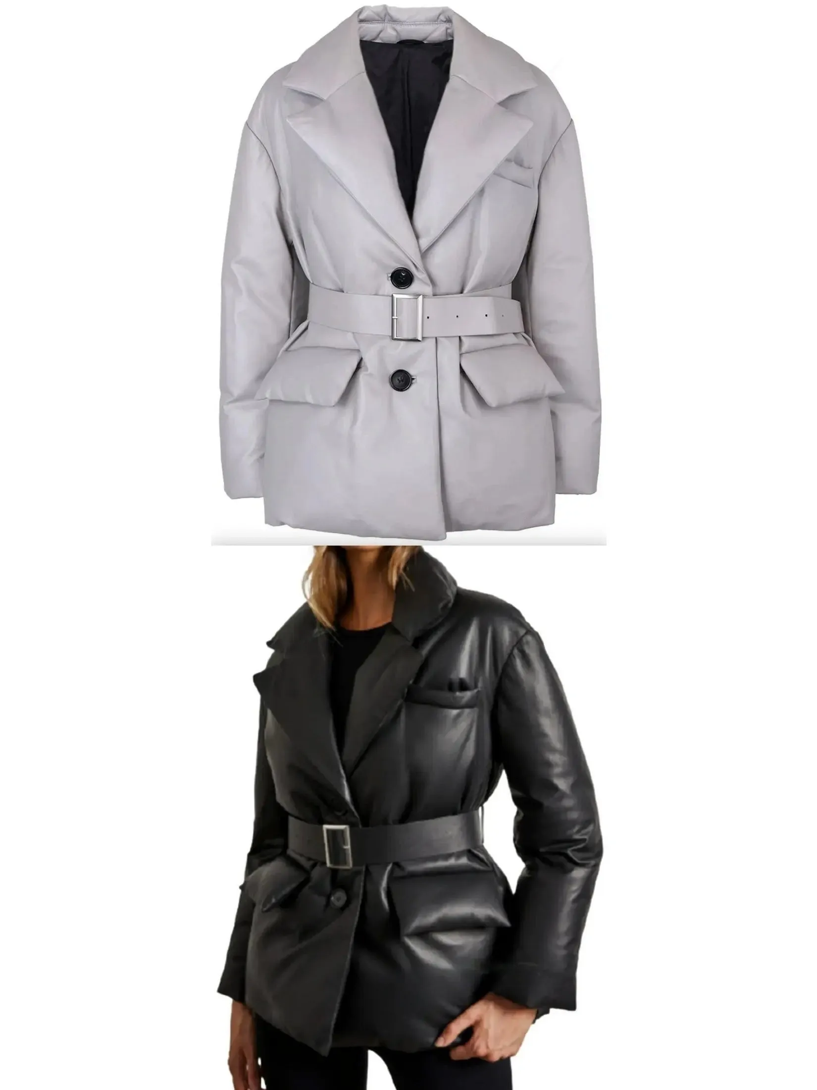 Women’s Belted Single-Breasted Padded Leather Jacket in Grey, Black or Beige