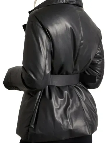 Women’s Belted Single-Breasted Padded Leather Jacket in Grey, Black or Beige