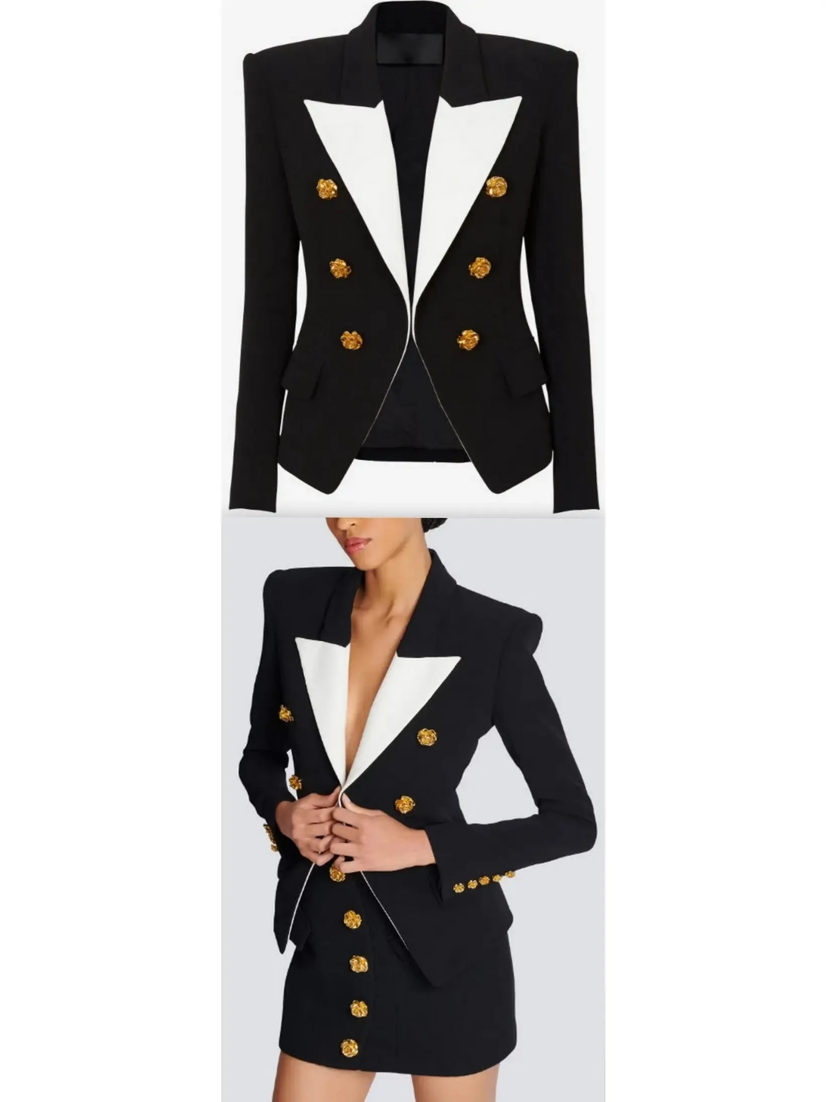 Women’s Black & White Slim-Fit Jacket with Roses Buttons