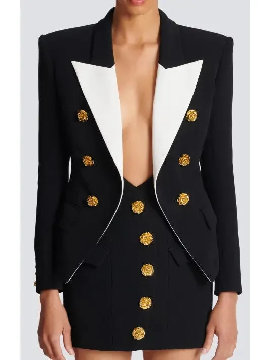 Women’s Black & White Slim-Fit Jacket with Roses Buttons