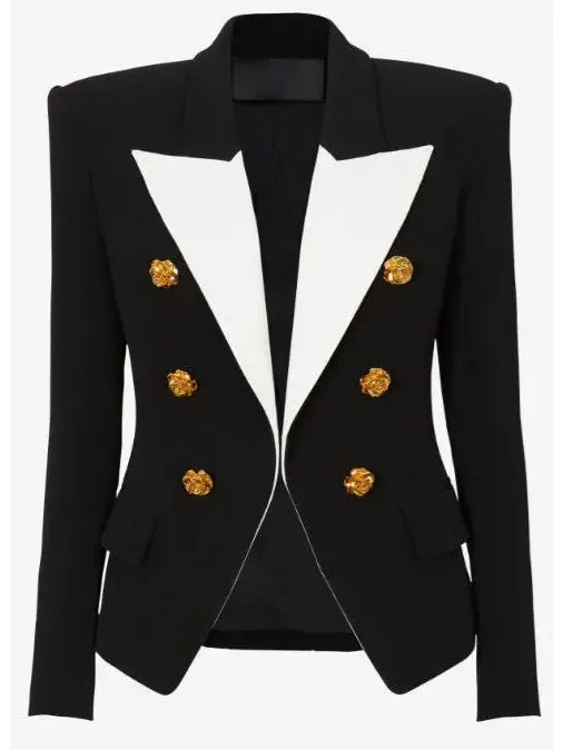 Women’s Black & White Slim-Fit Jacket with Roses Buttons