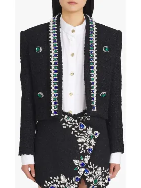 Women’s Black and Multicolor Tweed Spencer Jacket with Jewel Embroideries